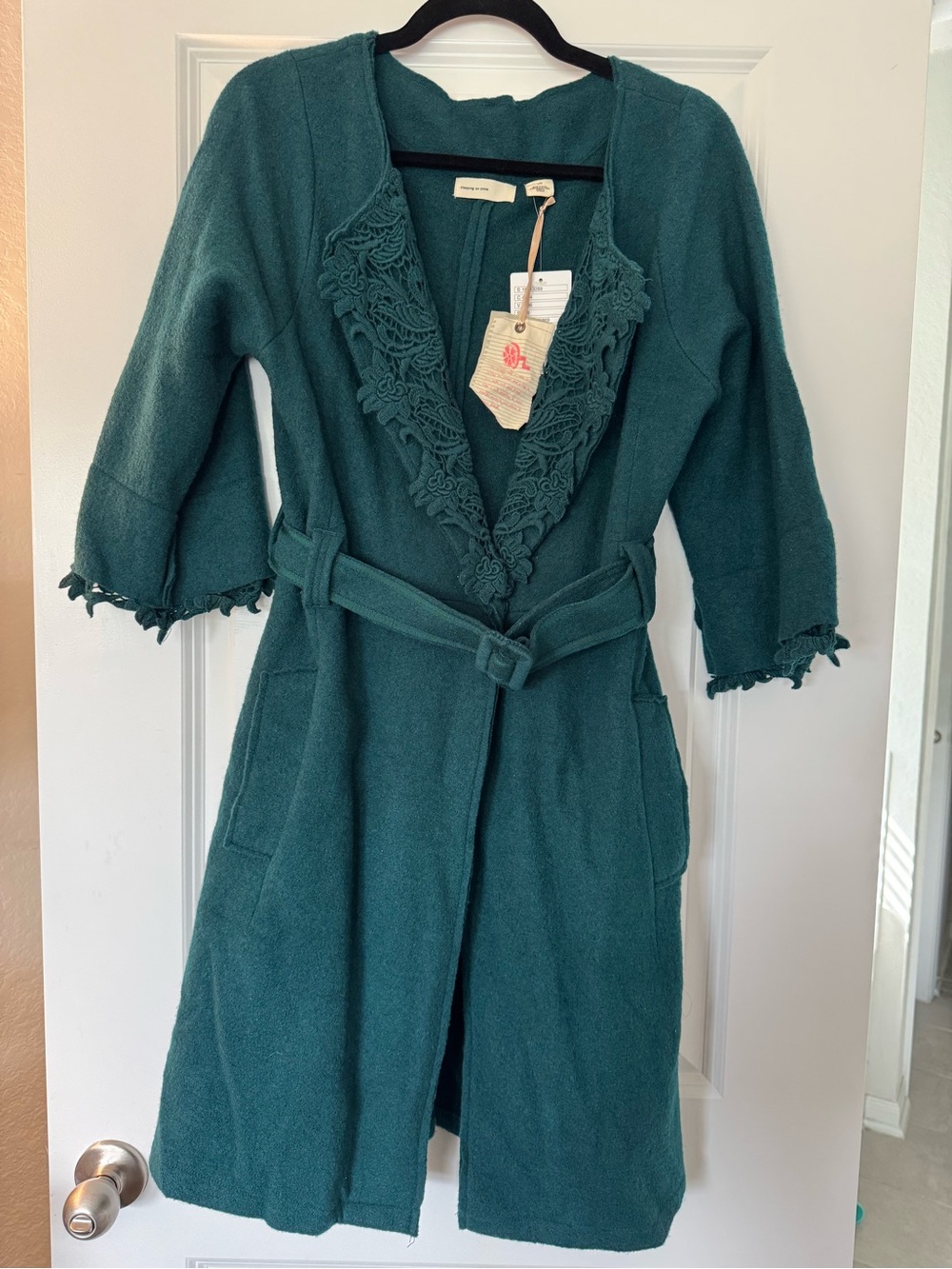 Anthropologie Teal Lace-Trim Belted Coat